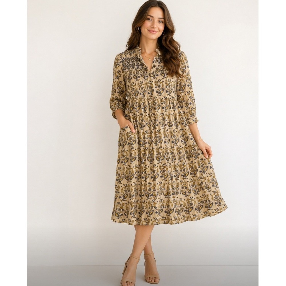 Uncle Frank Dress Womens S Floral Block Print‎ Smocked Tiered Peasant Boho